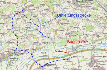 Umleitungsbeschilderung für den Vollausbau MÜ 6 Isenbrücke bis Schandelgrabenbrücke.